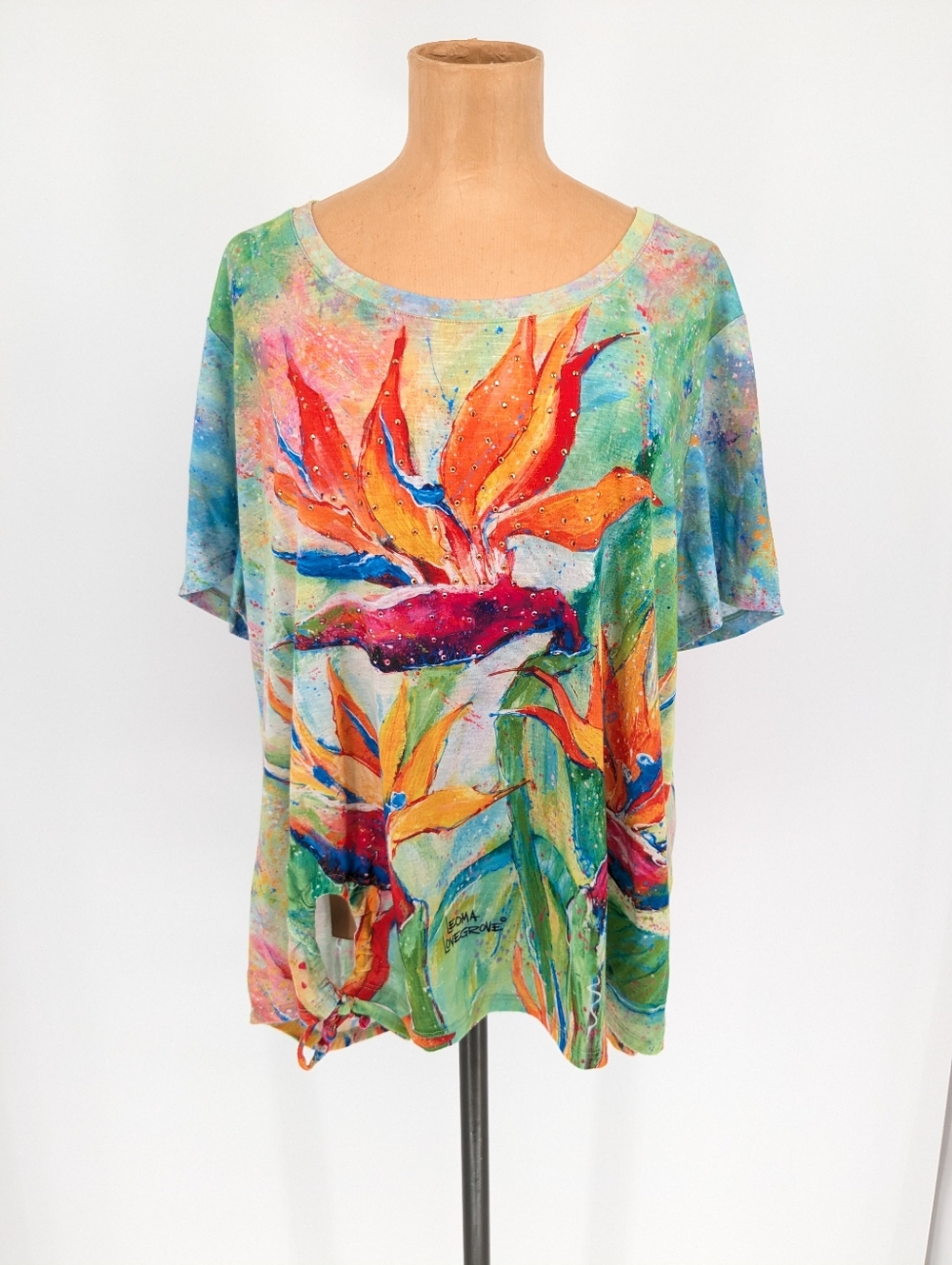 Leoma Lovegrove Birds Of Paradise Art To Wear Short Sleeve Top Rhinestones XL